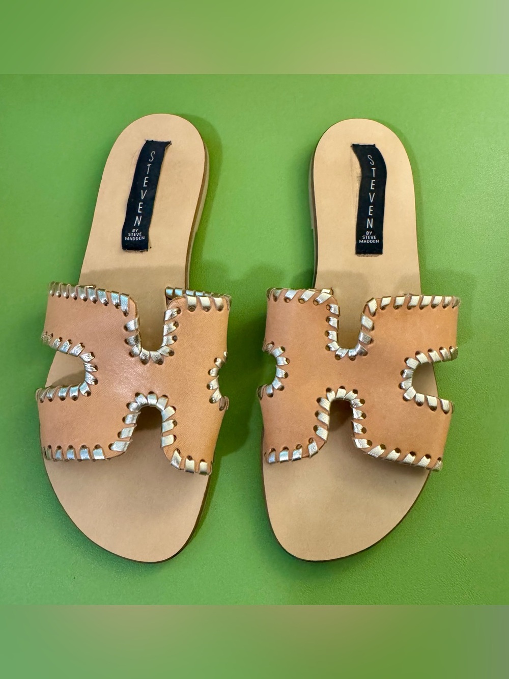Steven by Steve Madden Tan Slide Sandals with Metallic Whipstitch